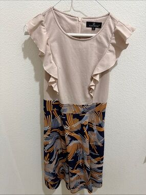 Yathon Beige Ruffle Top Mixed-Print Midi Dress